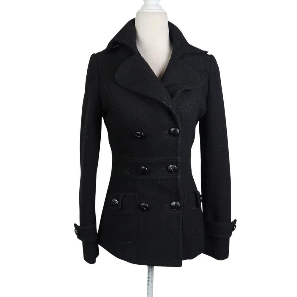 Vintage Y2K Forever 21 Black Wool Blend Peacoat Band Military Jacket S